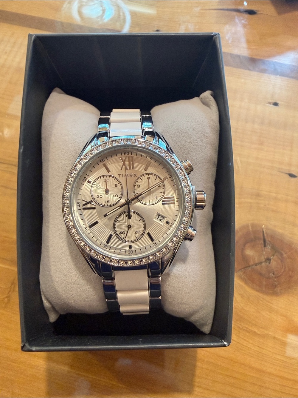 Timex Silver and White Crystal-Accent Women's Chronograph Watch